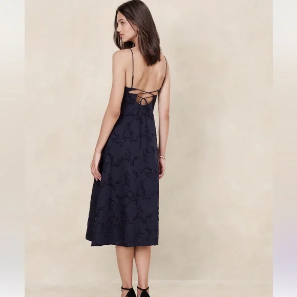 Banana Republic Floral Jacquard Cutout Midi Dress - Preppy Navy - 12 - Picture 2 of 10